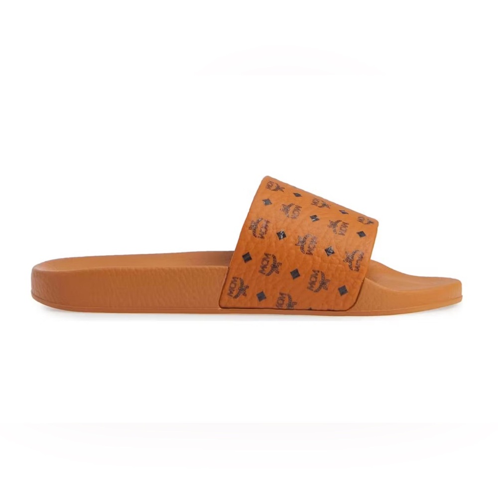 MCM MONOGRAM PRINT RUBBER SLIDES COGNAC